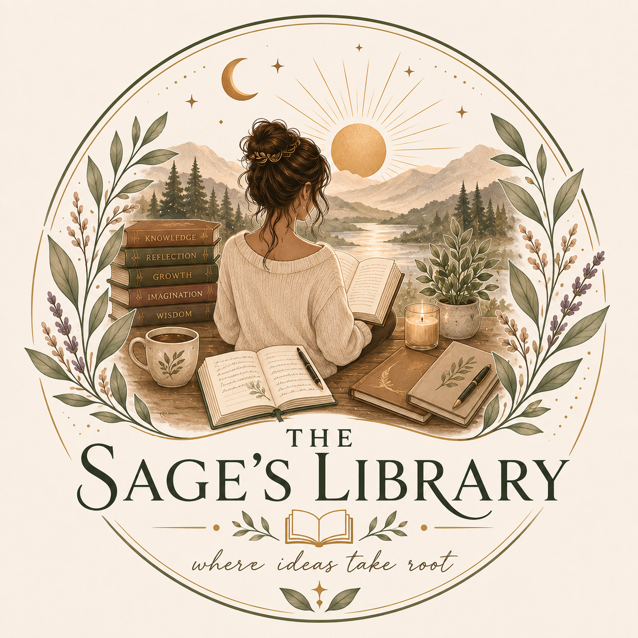 he Sage's Library logo featuring a woman reading among books, plants, and a mountain landscape